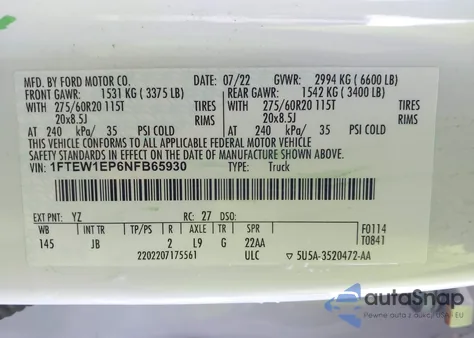 2022 Ford F-150 Xl из США, поврежденный, VIN 1FTEW1EP6NFB65930